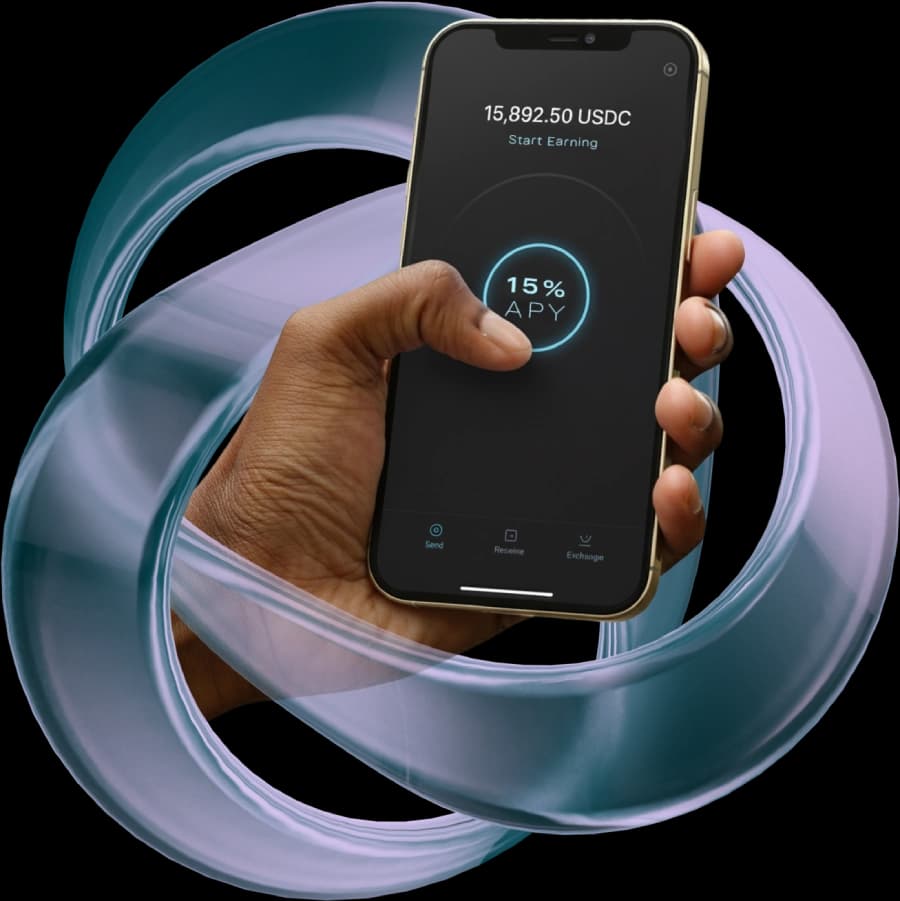 Phone with 15% APY showing hand holding device with glass gradient background